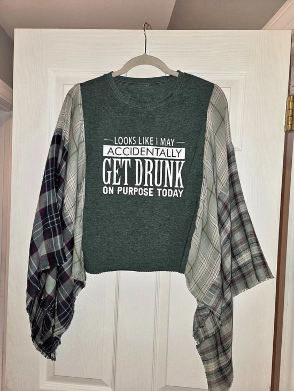 Upcycled Kimono Plaid Sleeve Graphic Top in Green
